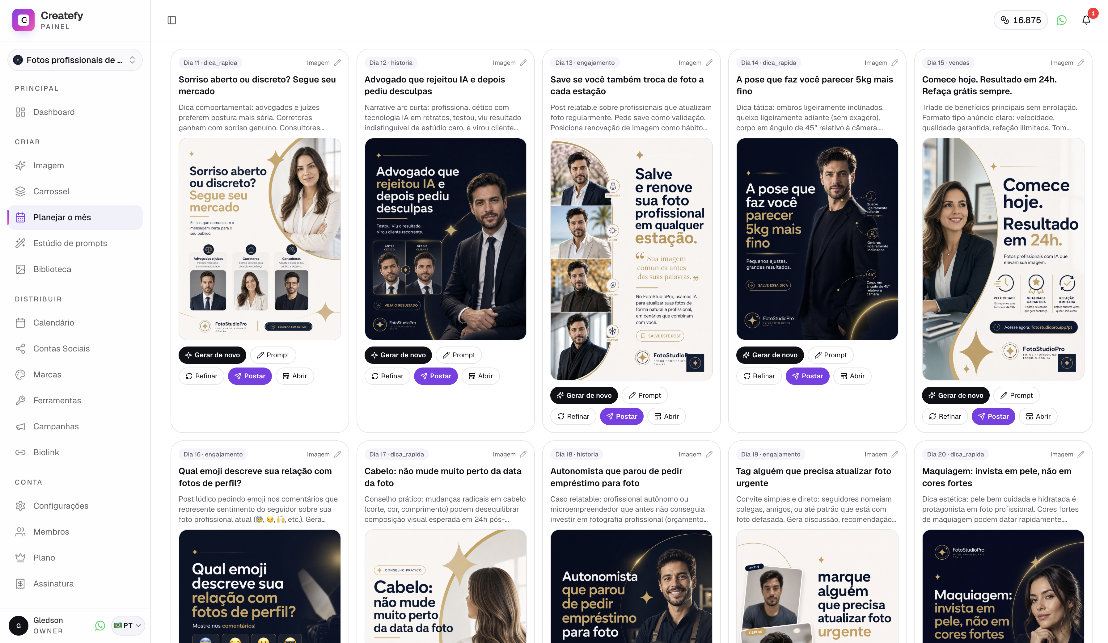Painel da Createfy: posts publicados, engajamento dos últimos 90 dias e dicas de crescimento