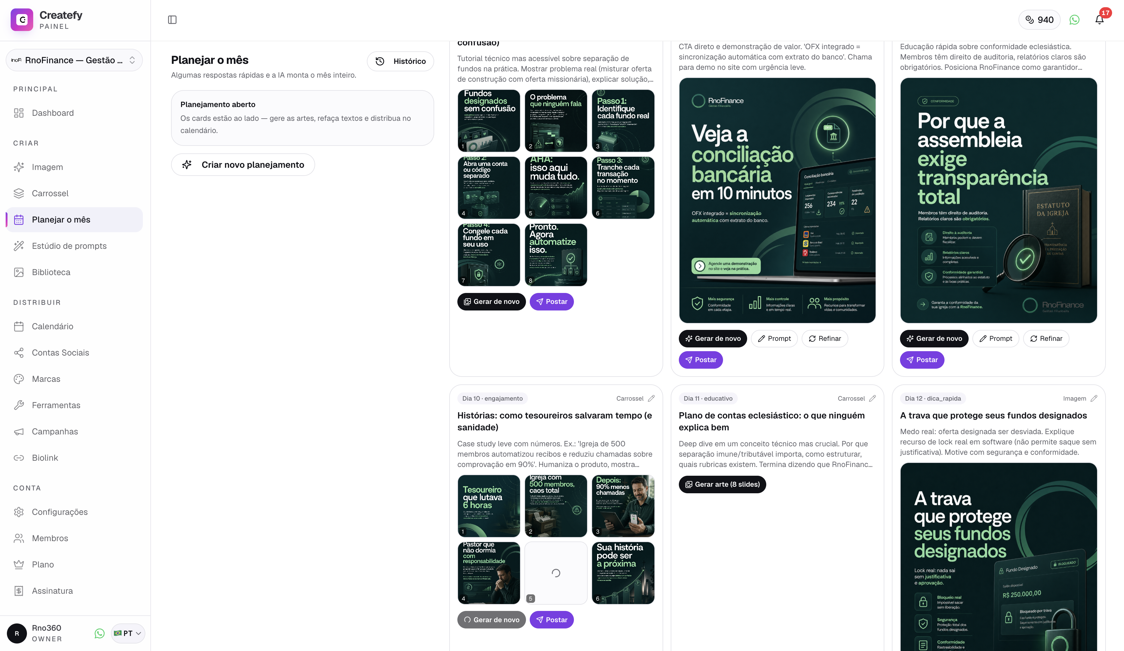 Tela Planejar o mês da Createfy: cards de conteúdo do mês com as artes já geradas