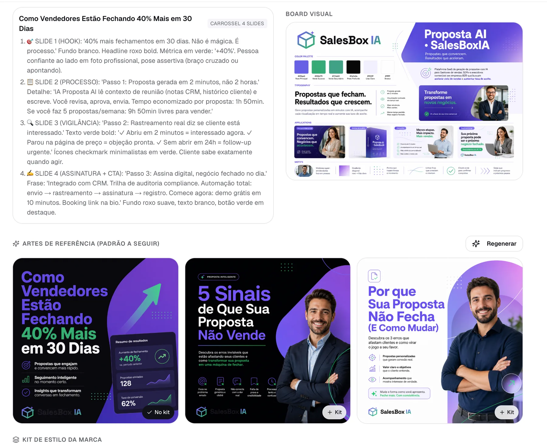 Tela da Createfy com o board visual da marca e artes de referência geradas a partir dele